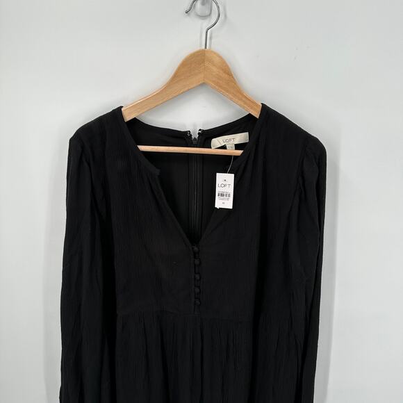 LOFT NWT Black Swing Tiered Button Front Long Sleeve Midi Dress // M - Picture 3 of 8